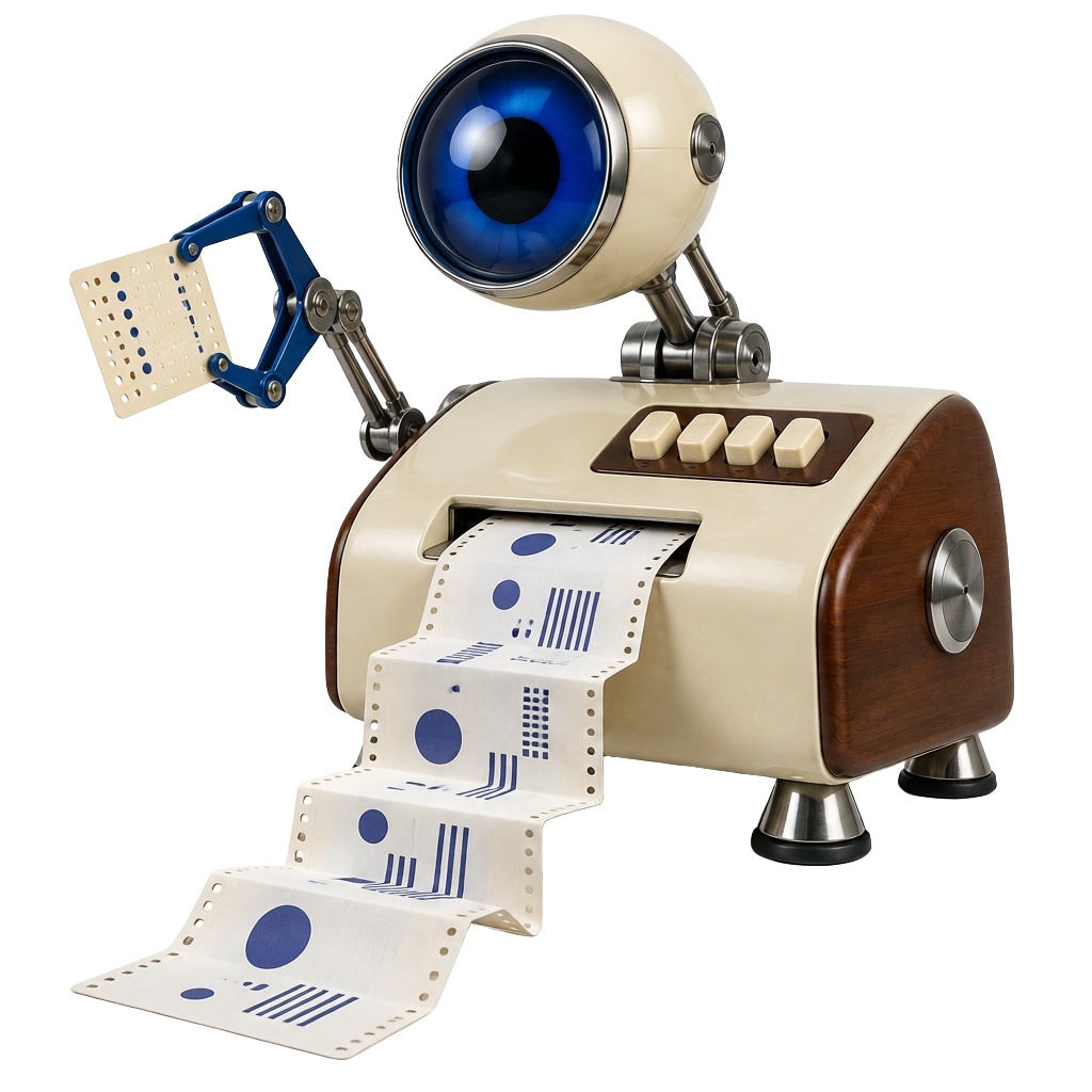 A curious cobalt-eyed analog scanner with walnut panels, a punch-card claw and a flowing paper printout